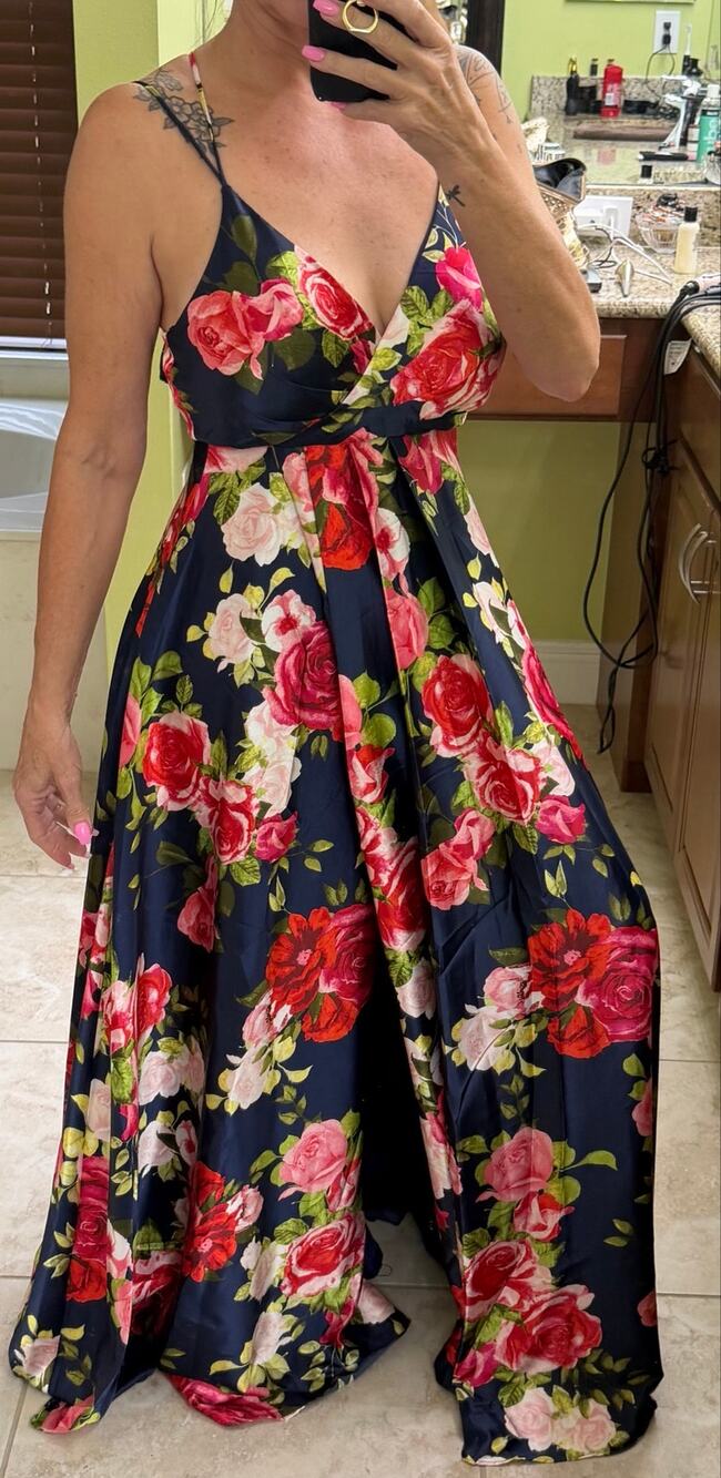 Sequin Hearts Navy Floral Rose Satin Maxi Dress Size 3